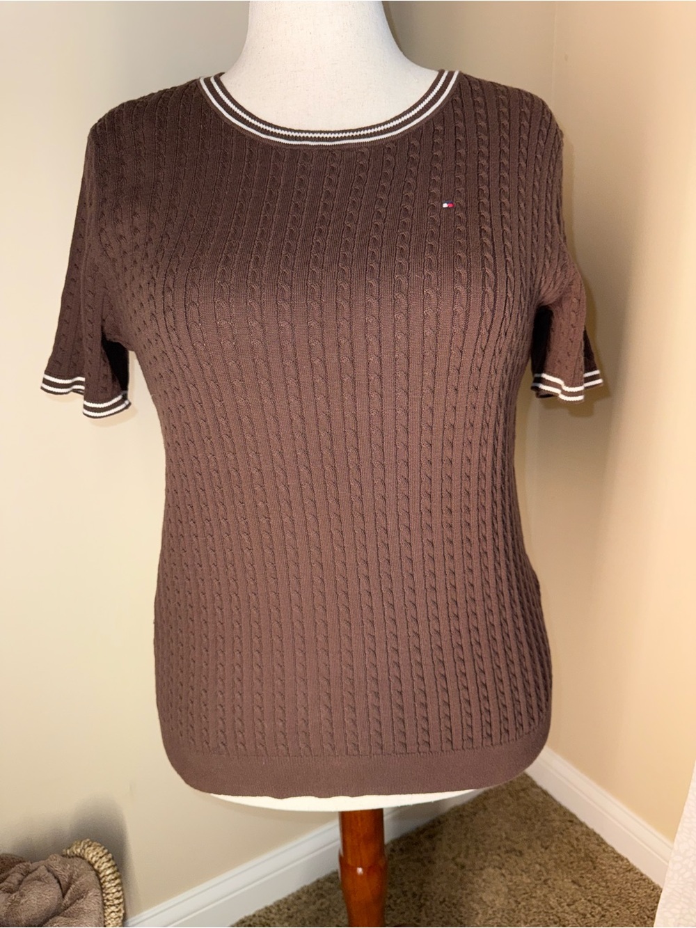 Tommy Hilfiger Brown Cable-Knit Short Sleeve Top with White Trim